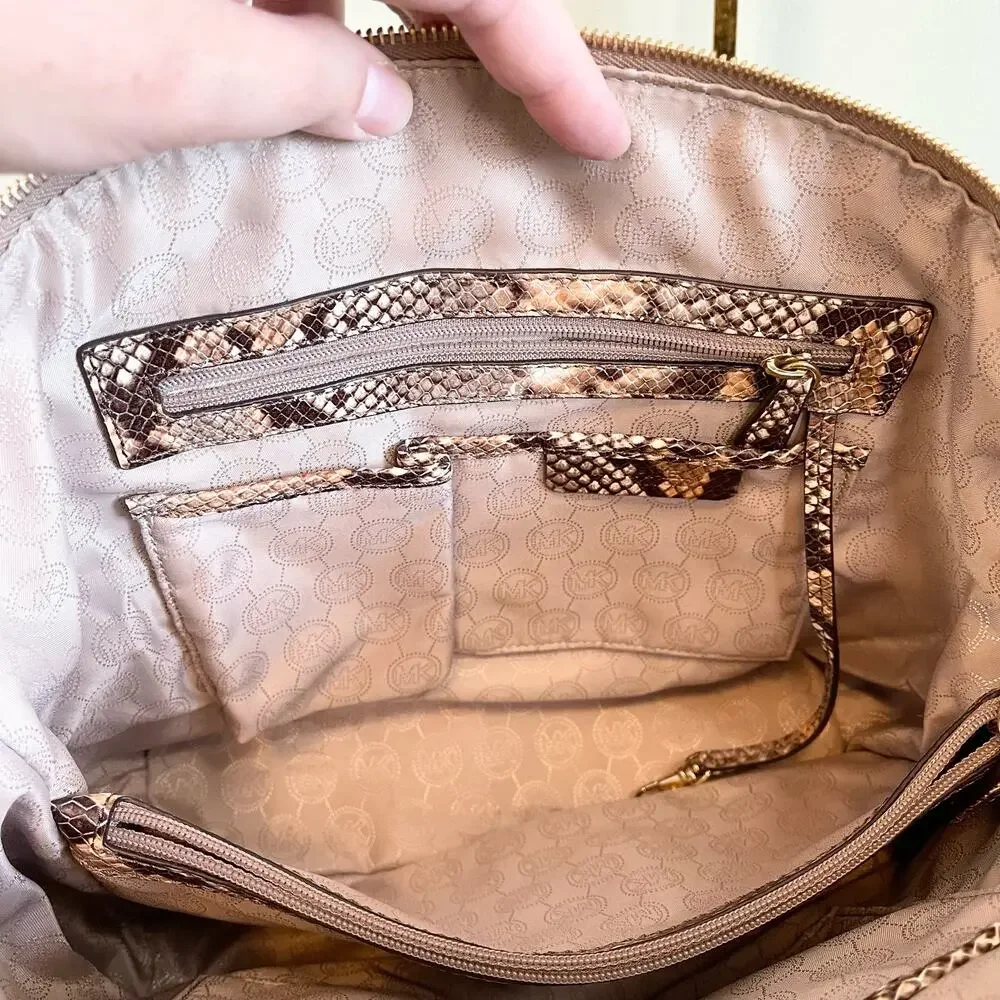 Michael Kors Embossed Leather Snakeskin Python Print Riley Satchel Hand Bag - Picture 5 of 13